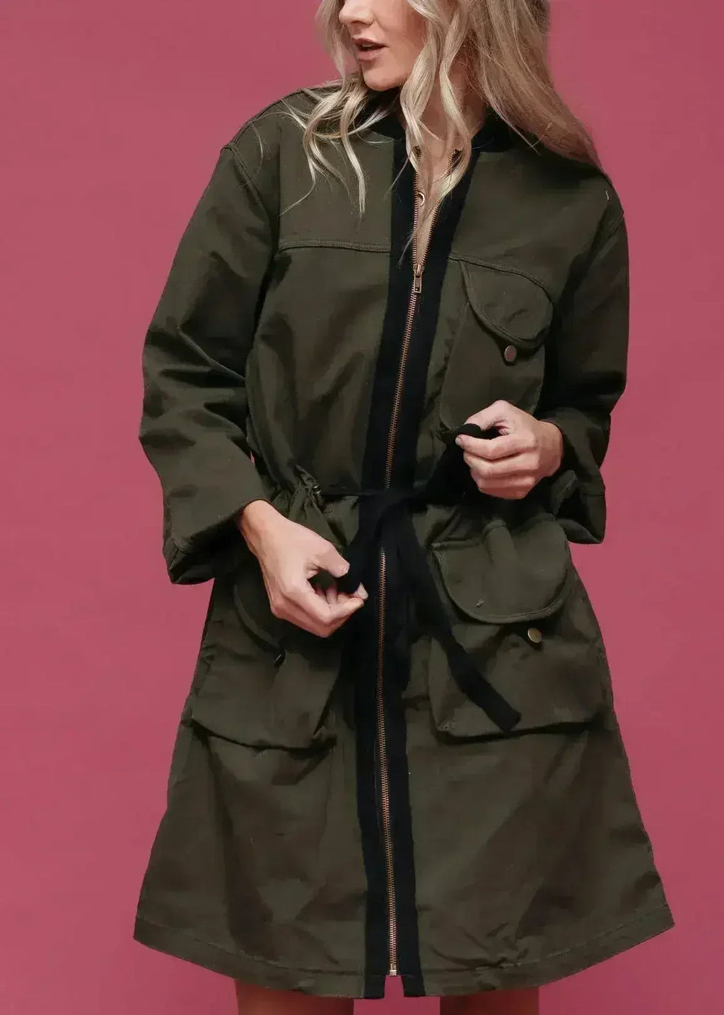 Olive long utility parka with front zipper and chest flap pocket