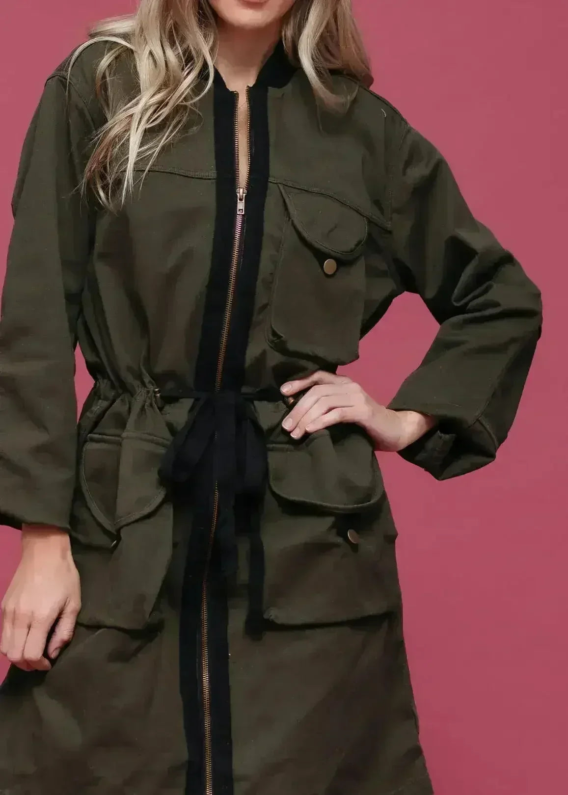 Olive zip-front long utility jacket with chest and side flap pockets