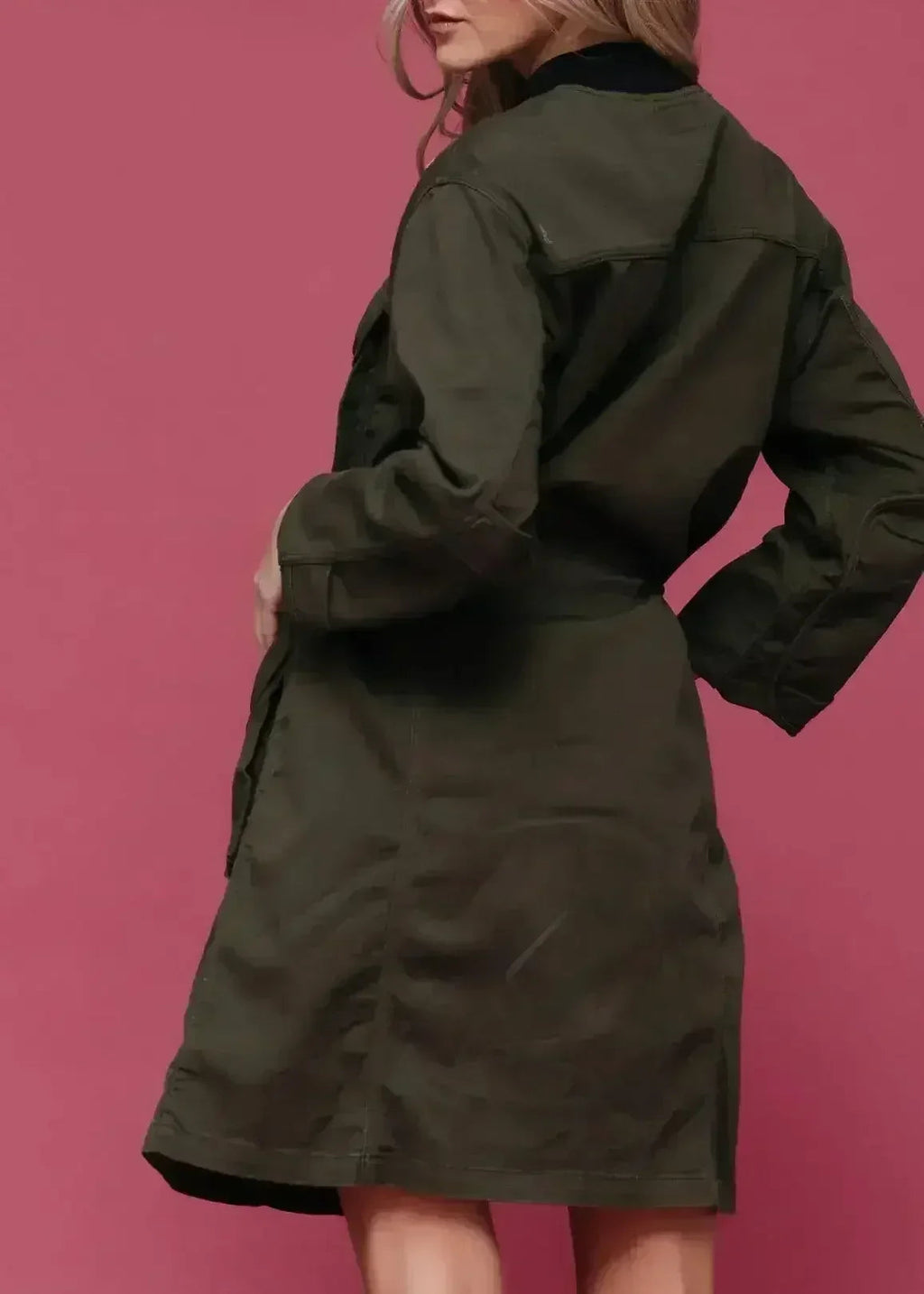 Olive long utility jacket, back view with hoodless high collar and pockets