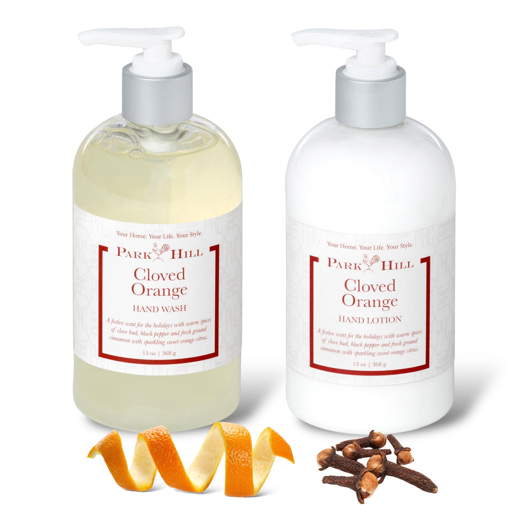 Two Park Hill cloved orange pump bottles: yellow hand wash and white hand lotion
