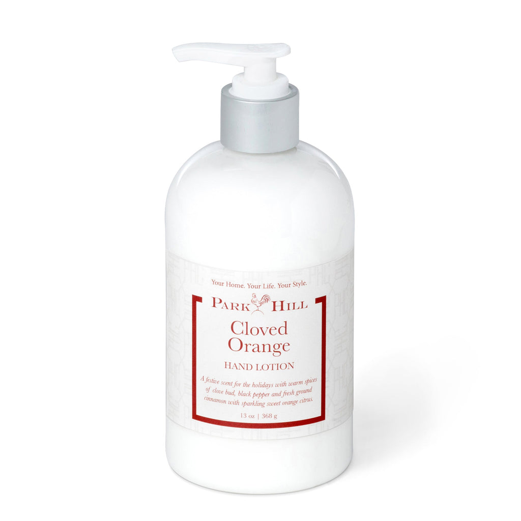 Park Hill cloved orange hand lotion pump bottle with white liquid