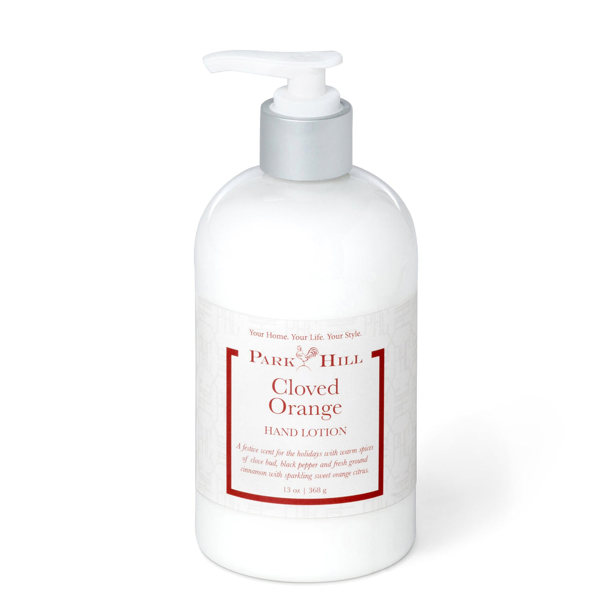 Park Hill cloved orange hand lotion pump bottle with white liquid
