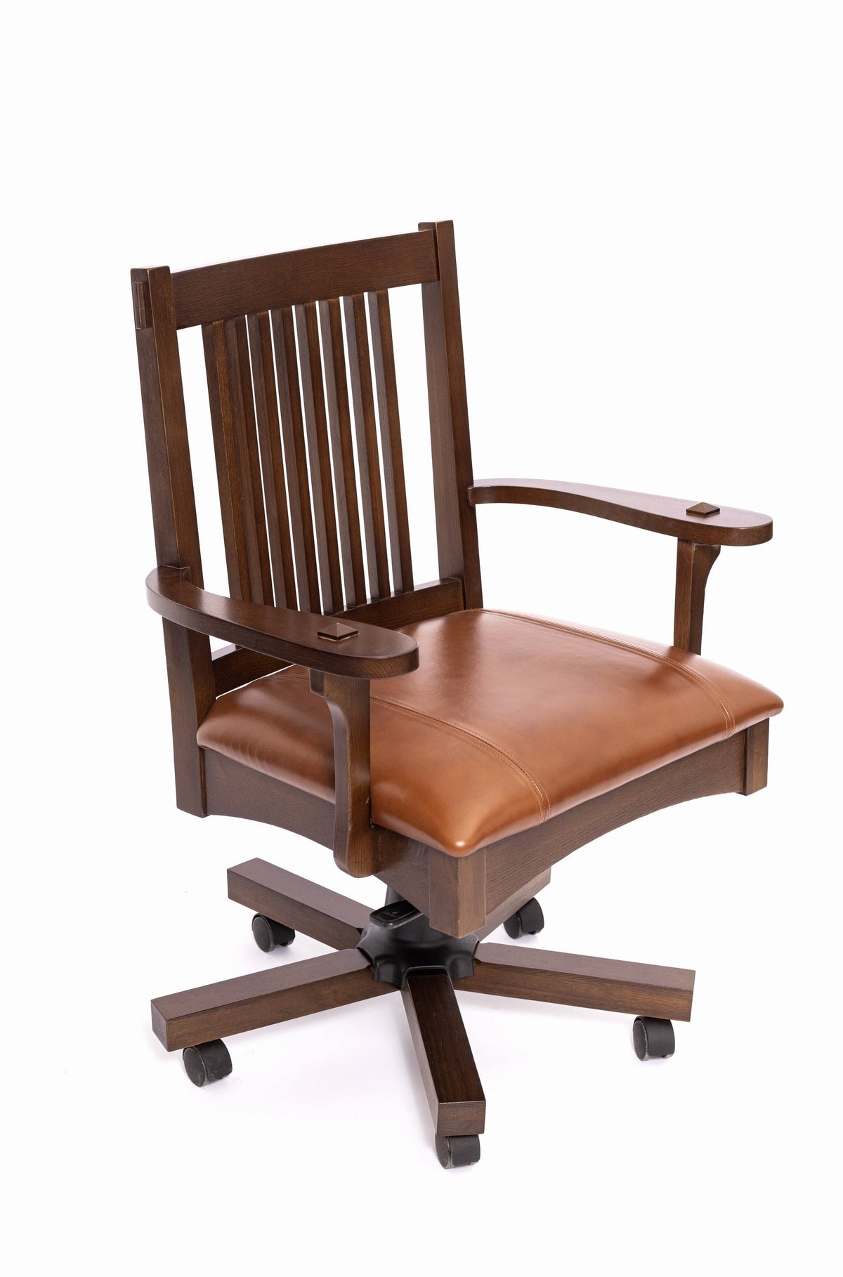 Wood-and-leather swivel office chair with slat back and curved armrest