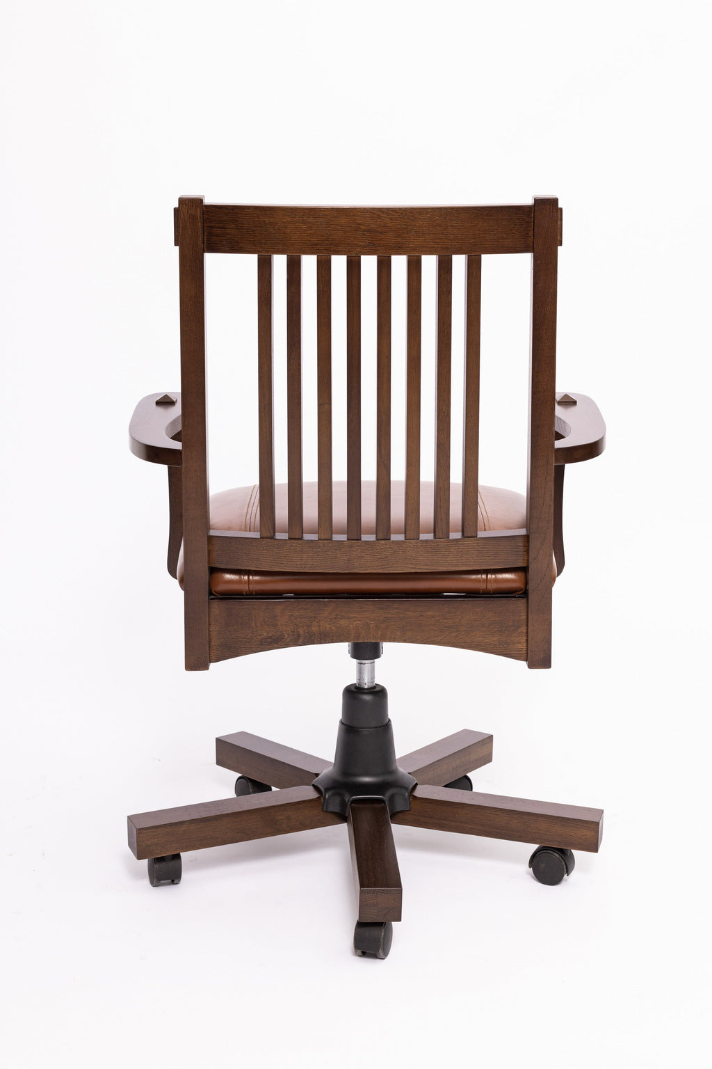 Upright wood office chair with vertical slat back and dark swivel pedestal base