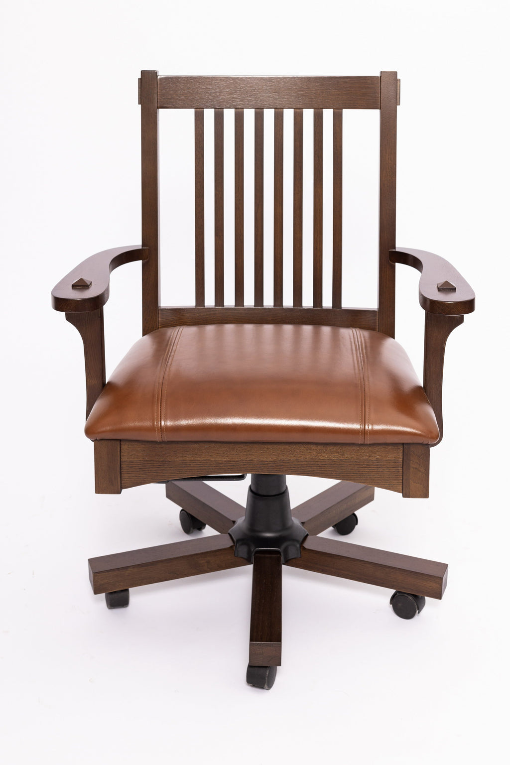 Wood office chair with vertical slat back, cushioned seat, and swivel base