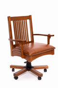 Mission oak office chair, brown leather seat with armrests and slatted back