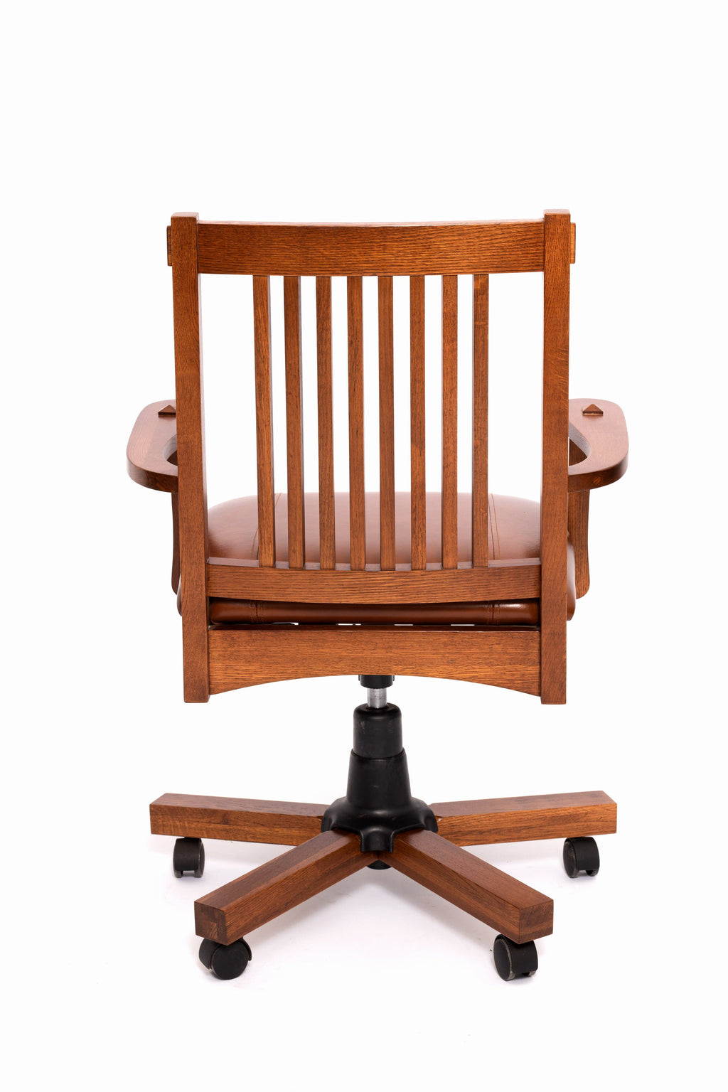 Mission oak office chair back view, slatted panel, brown leather seat, swivel base