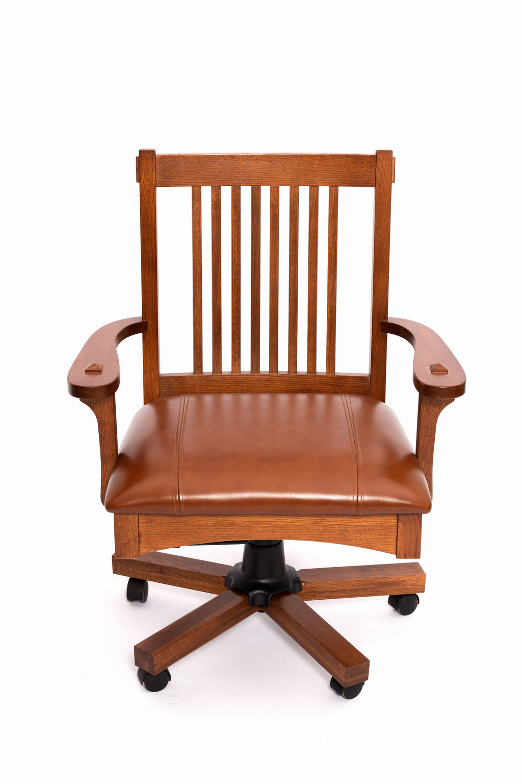 Mission oak office chair front view, slatted back and brown leather cushion