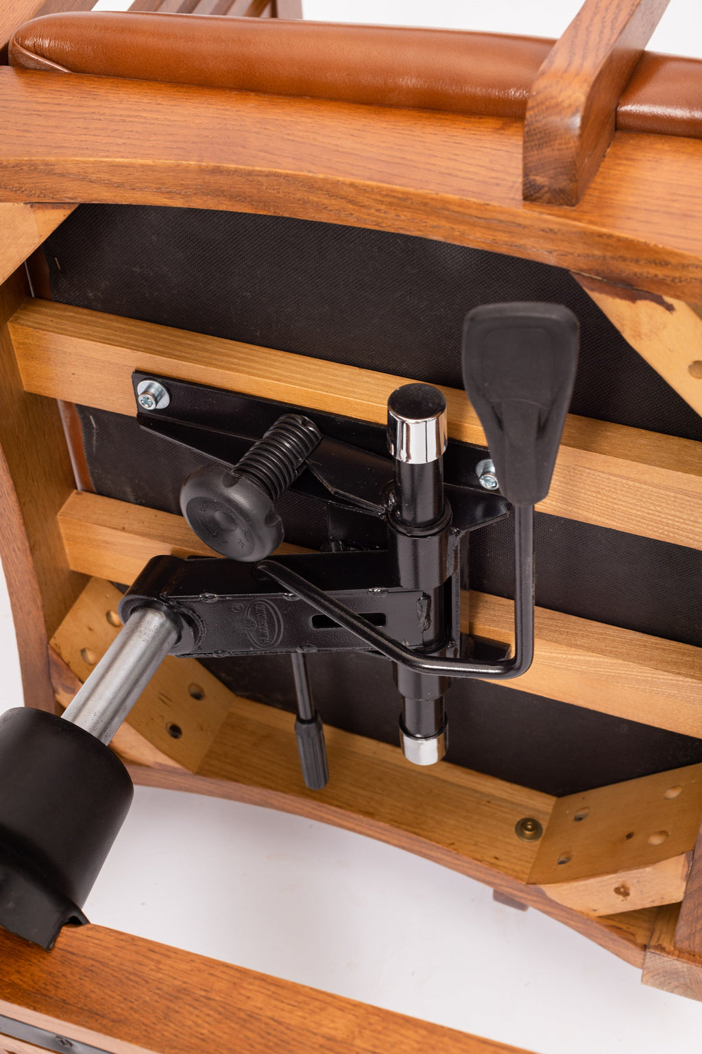 Mission oak office chair height mechanism under seat with lever and casters
