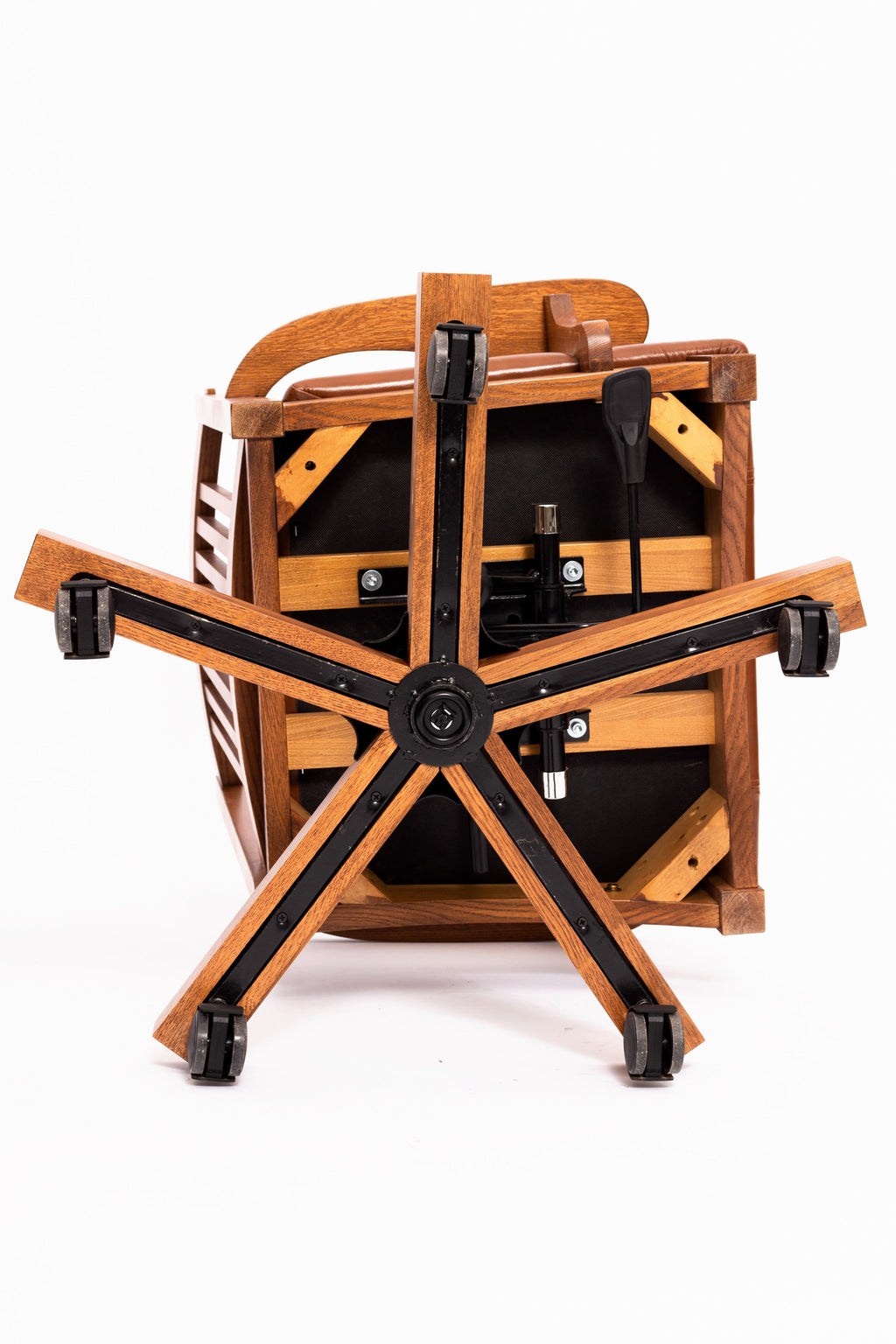 Mission-style office chair with wood frame and dark brown leather seat