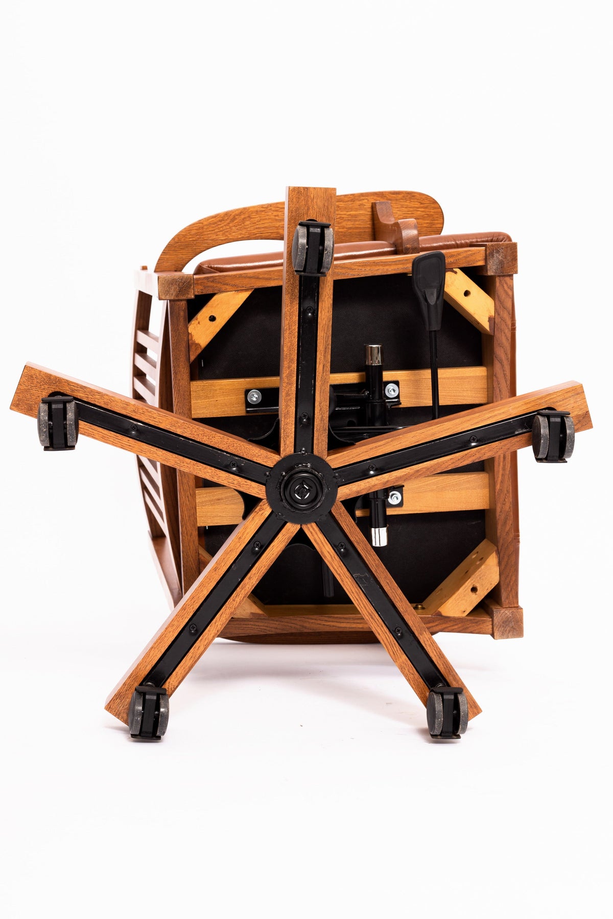 Mission-style office chair with wood frame and dark brown leather seat