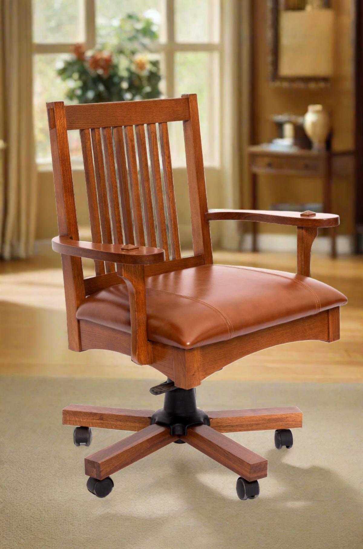 Mission oak office chair with slatted back, brown leather seat, swivel casters