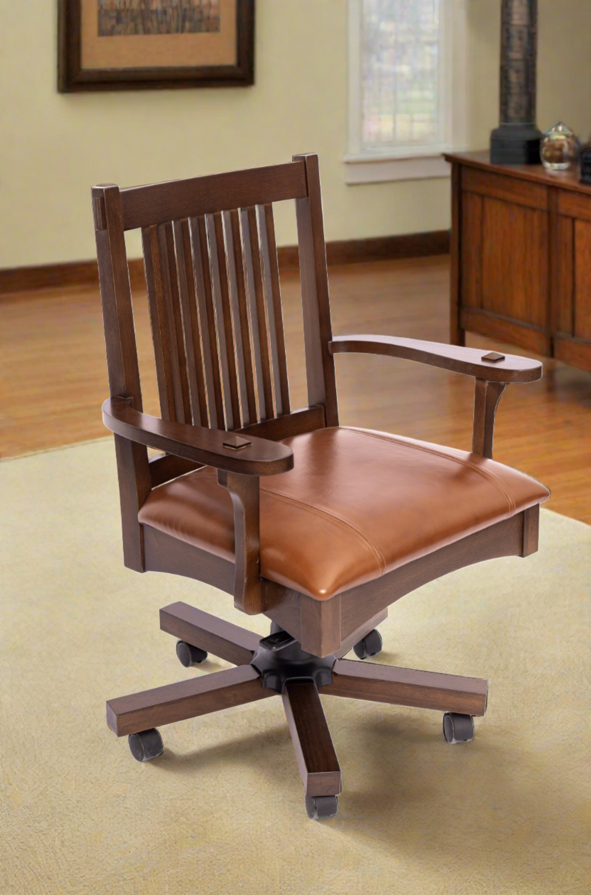 Brown leather swivel office chair with vertical slat back and wood arms