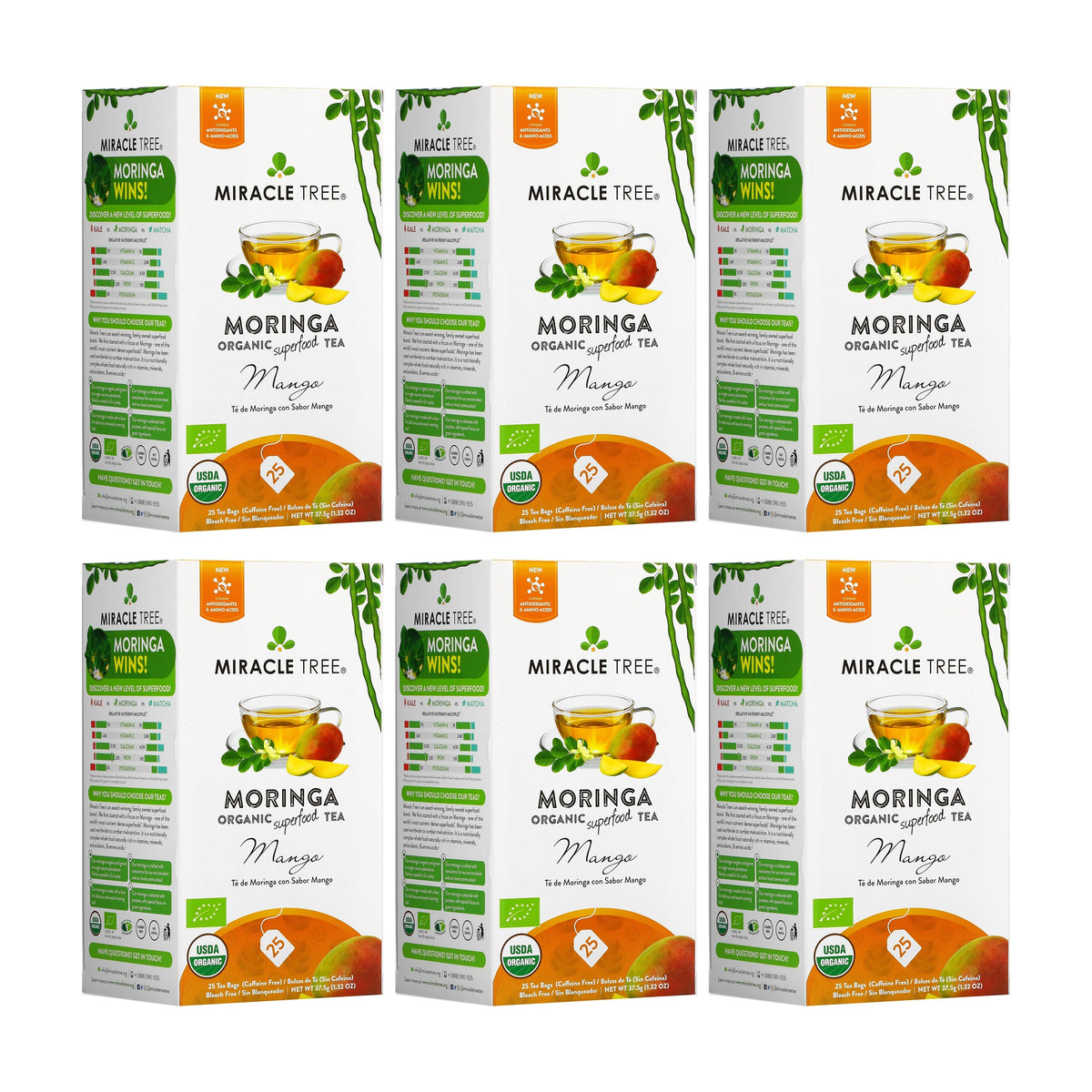 Caffeine-free herbal tea boxes of organic moringa with mango flavor (6-pack)