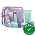 Tatcha mini skincare favorites set in zip pouch with several facial products and CLEAN badge