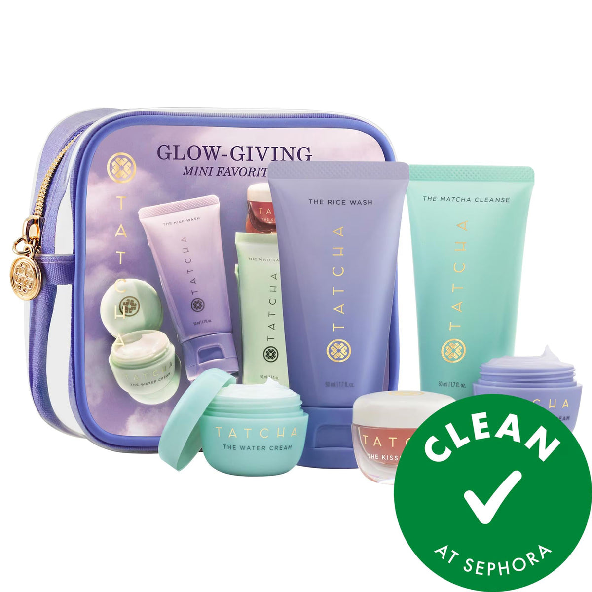 Tatcha mini skincare favorites set in zip pouch with several facial products and CLEAN badge