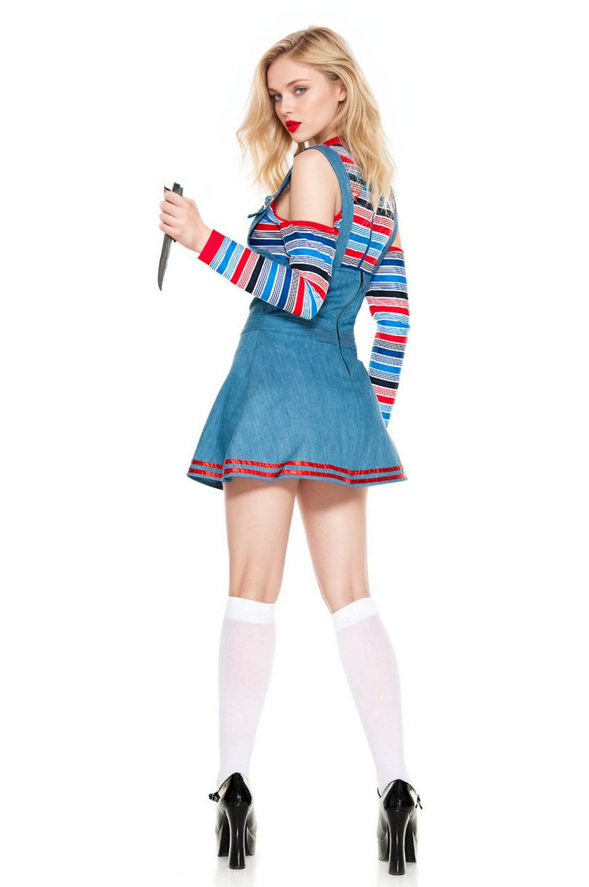 Blue denim-style mini dress costume with striped long sleeves and red trim