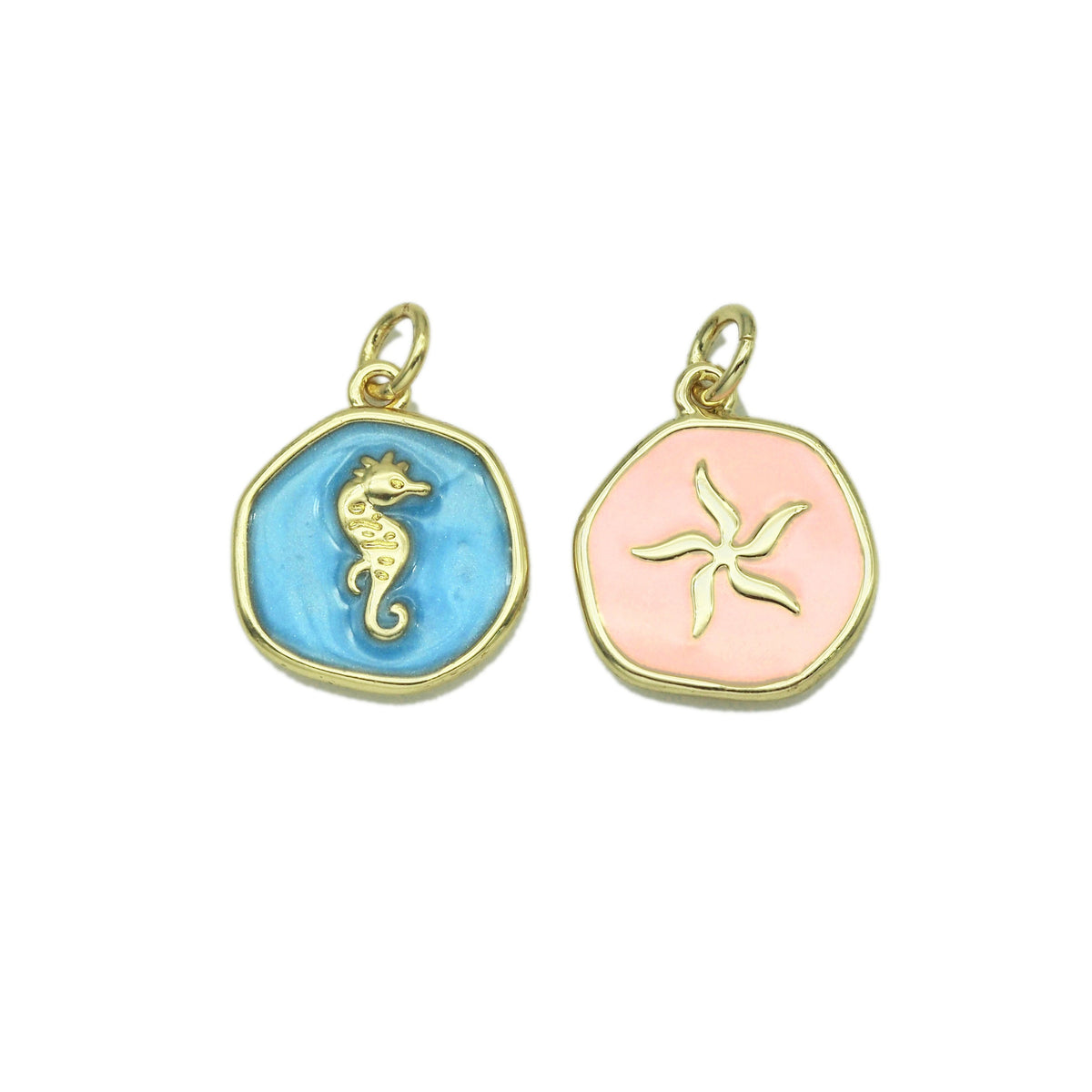 Enamel sea horse charm with gold-tone loop, blue round pendant with seahorse detail