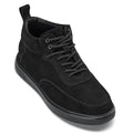 Black nubuck suede moc-toe sneaker boots with lace-up eyelets and side stitching