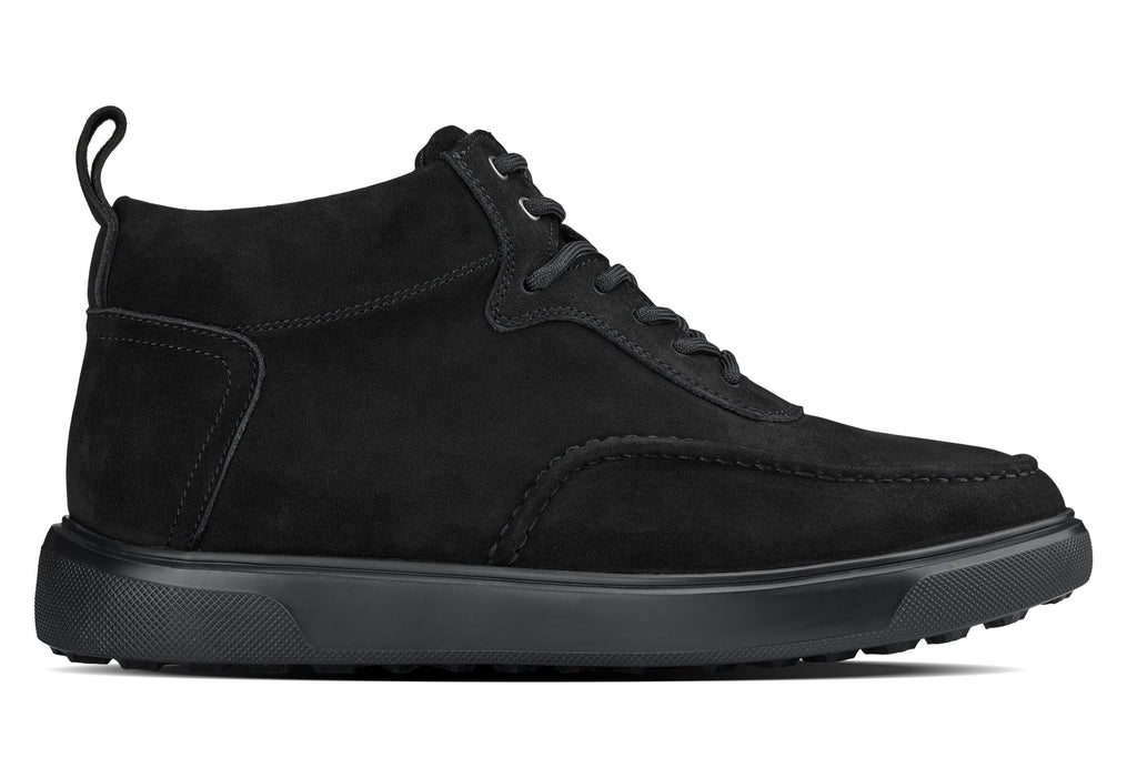Black nubuck suede sneaker boots, lace-up with padded tongue and stitched moc-toe