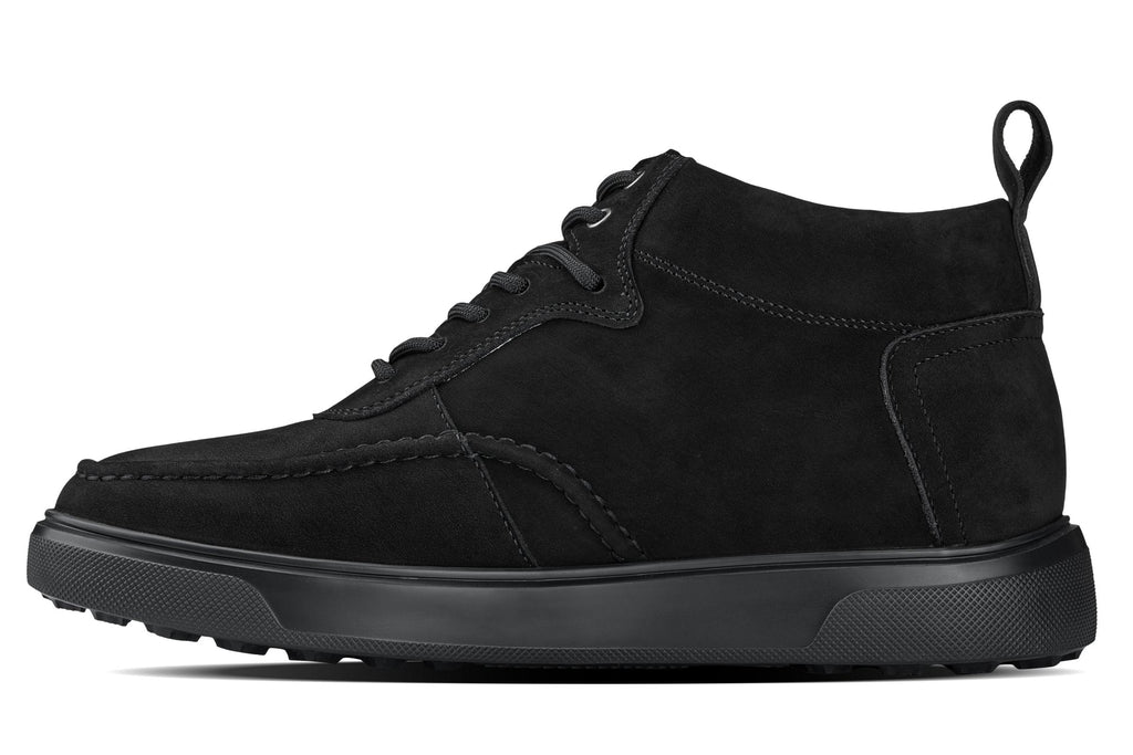 Black suede sneaker boots with high ankle collar, lace-up design and tread sole