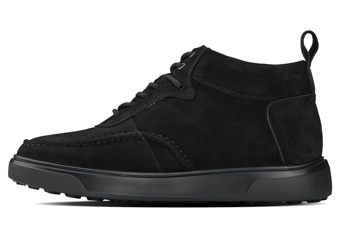 Black suede sneaker boots with high ankle collar, lace-up design and tread sole