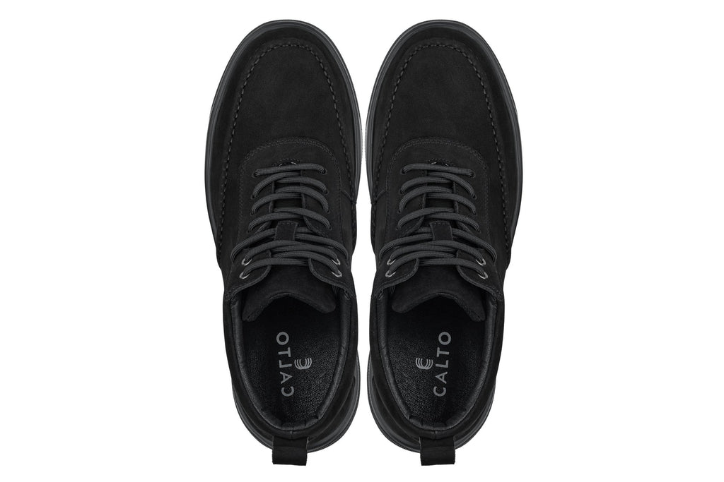 Pair of black lace-up boots with CALTO logo insoles, moc-toe and rubber outsole