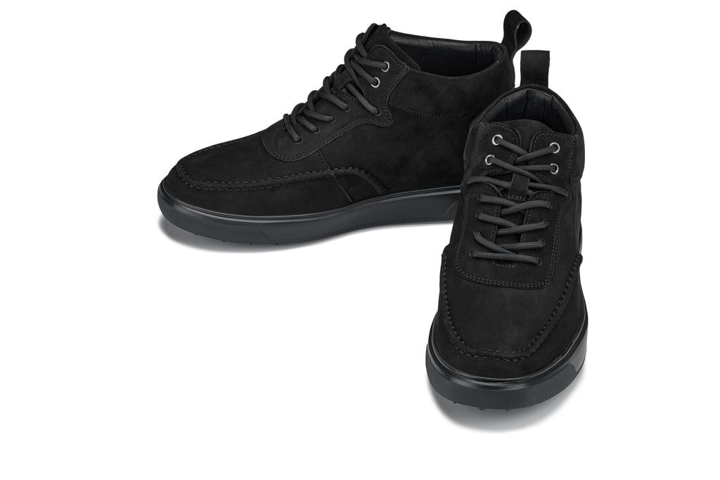 Black nubuck suede moc-toe sneaker boots, lace-up style with low-profile sole