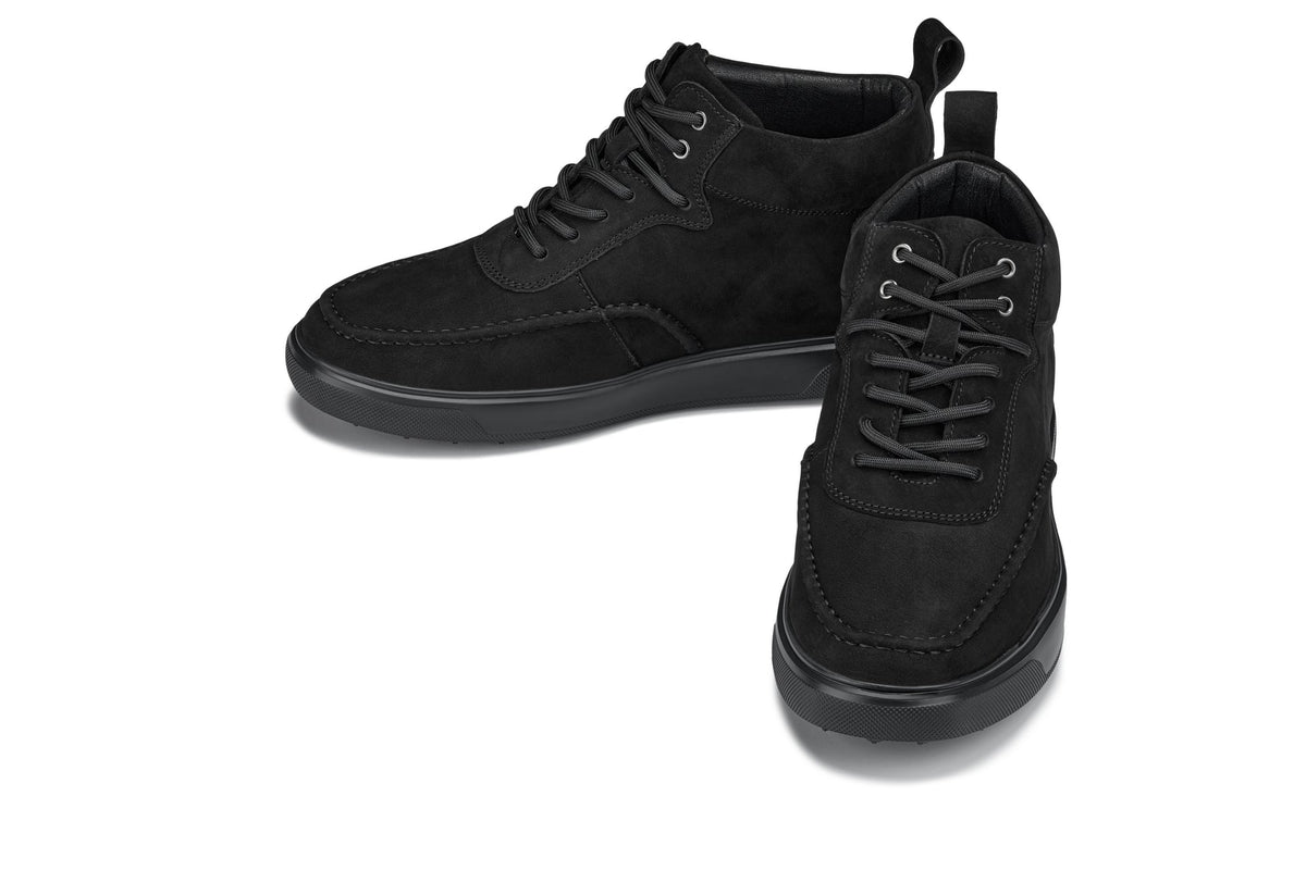 Black nubuck suede moc-toe sneaker boots, lace-up style with low-profile sole