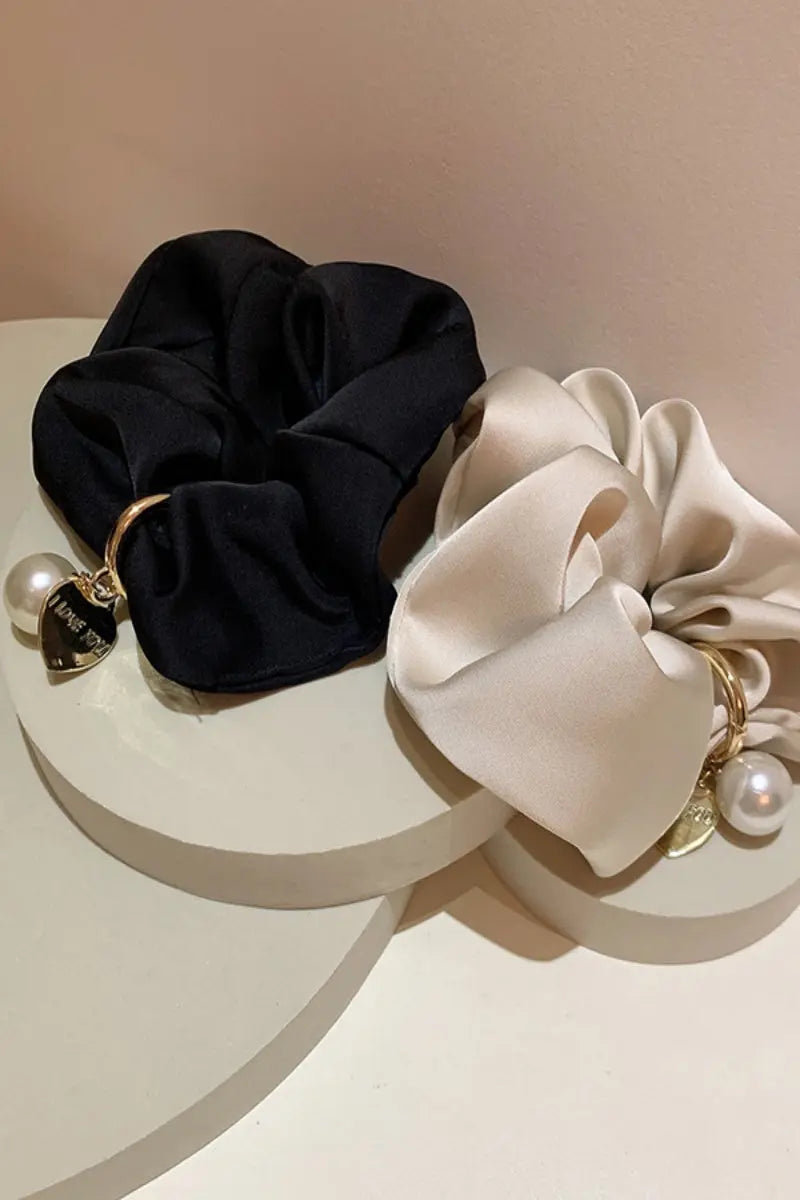 Black and ivory satin scrunchies with gold chain charm and pearl bead