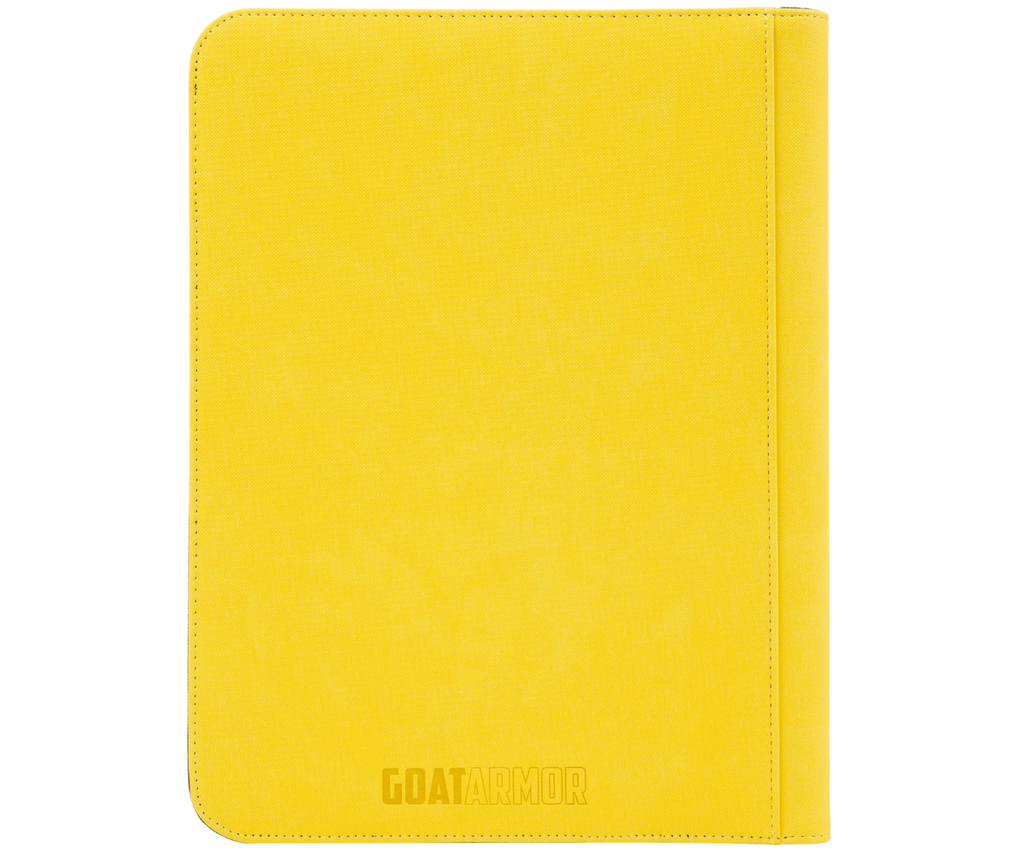 Yellow card binder back panel with GOATARMOR logo and rounded corners