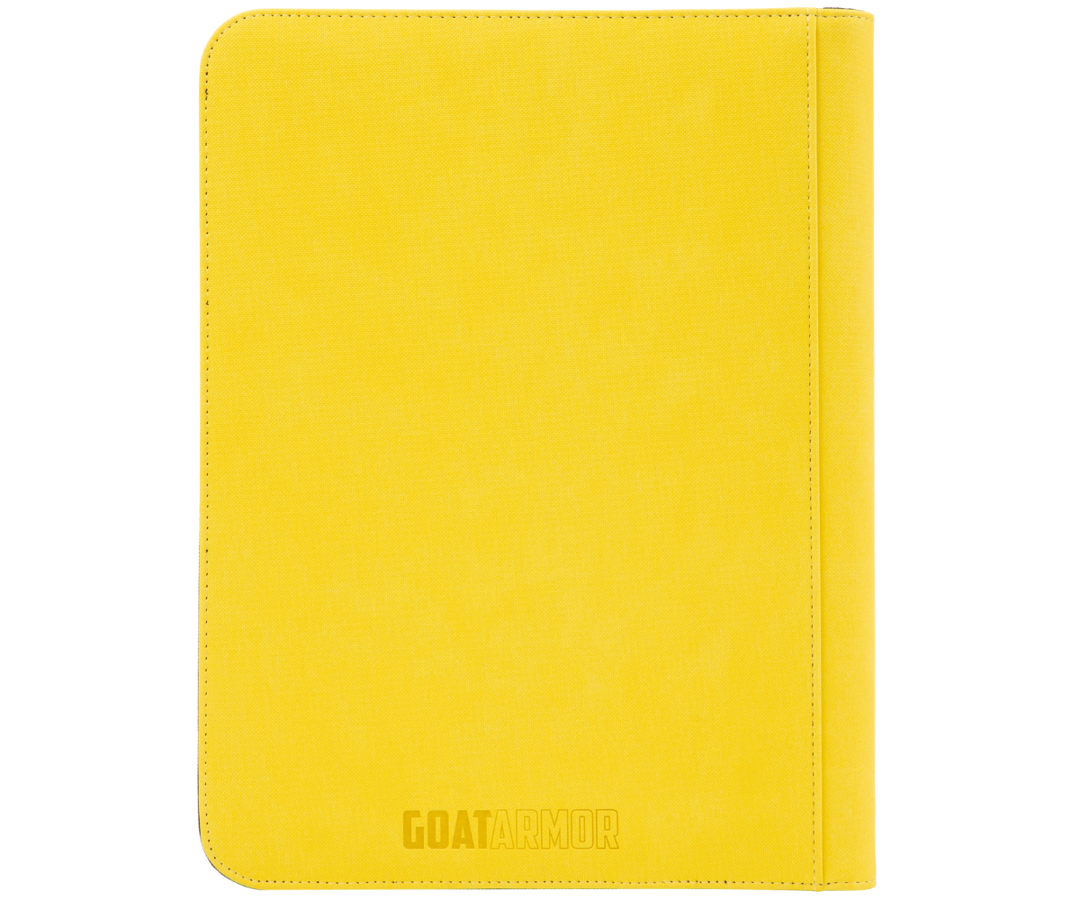 Yellow card binder back panel with GOATARMOR logo and rounded corners