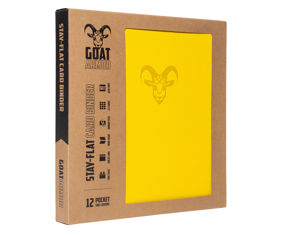 Card binder in box with yellow front panel and goat head emblem