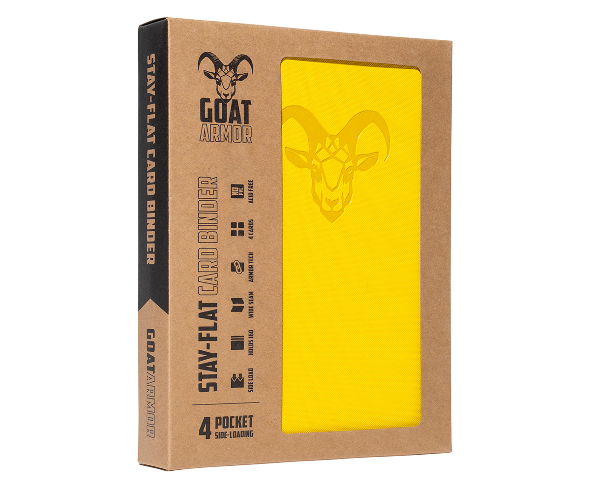 Yellow card binder shown through retail box window with goat emblem