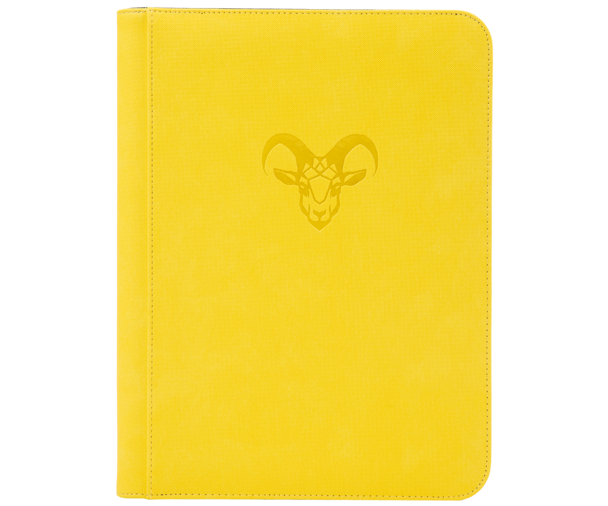 Yellow card binder front with centered goat emblem and stitched border corners.