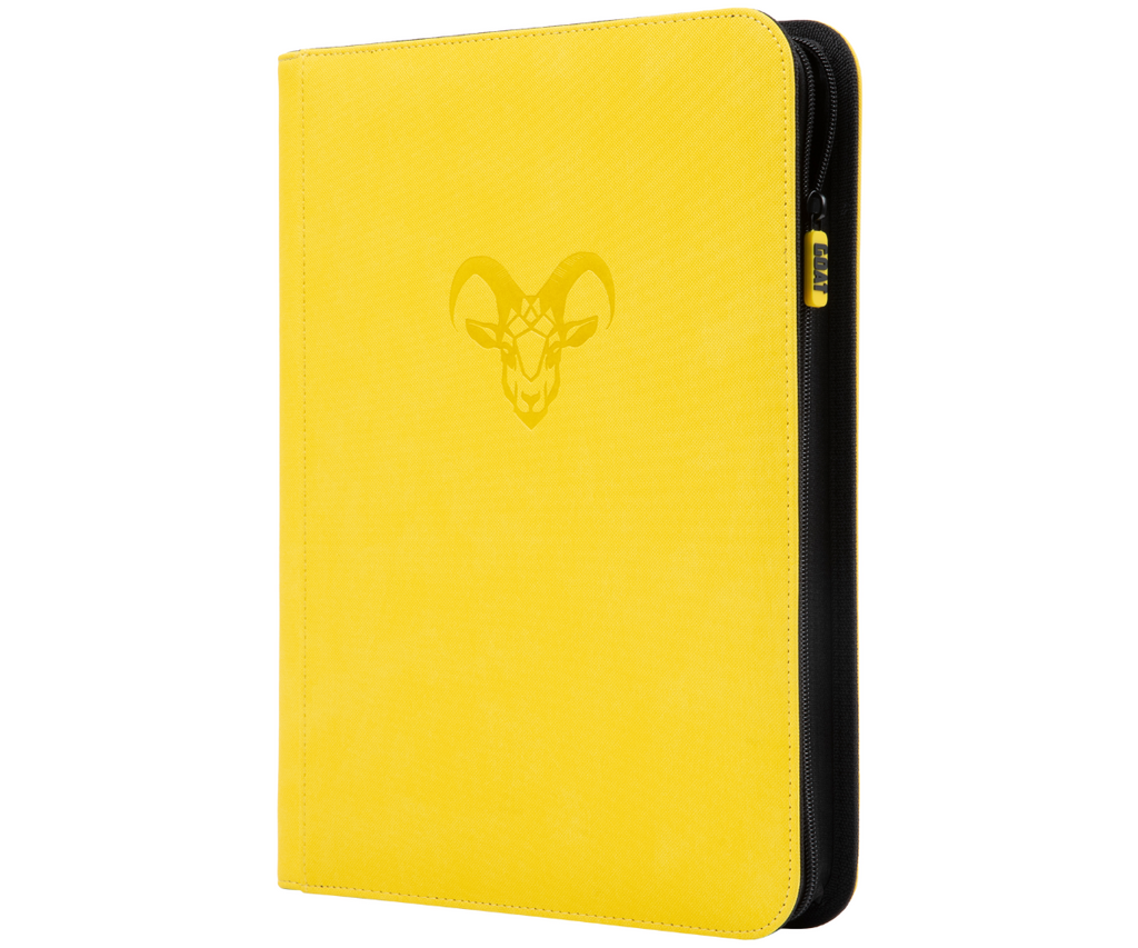 Yellow card binder with black spine, goat logo, and zippered closure