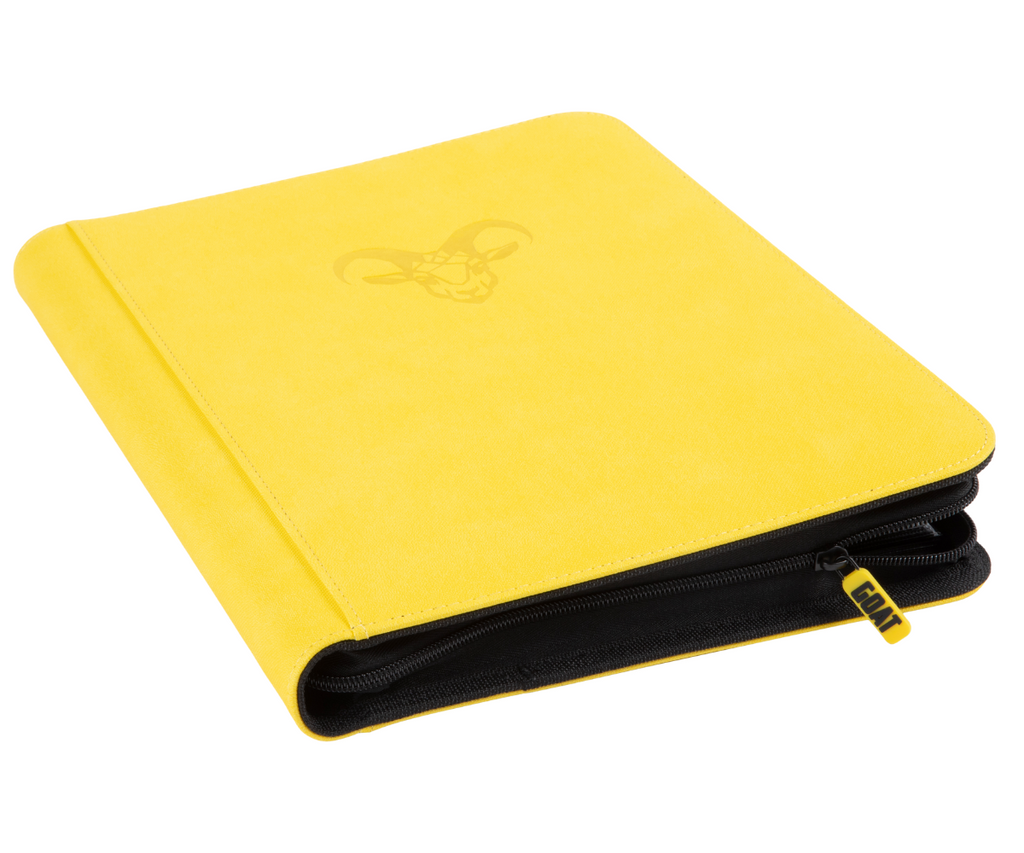 Yellow card binder with black elastic band and goat emblem, angled view
