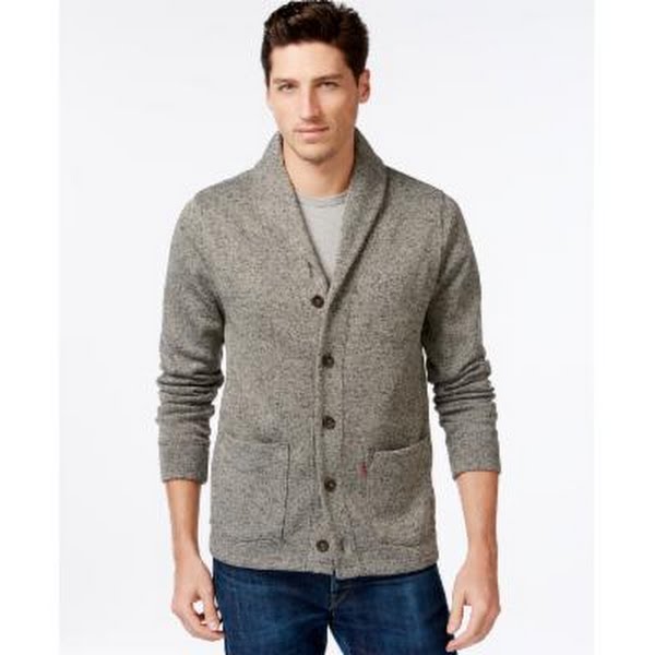 Men's heather-gray shawl-collar cardigan sweater, button-front with chest patch pocket