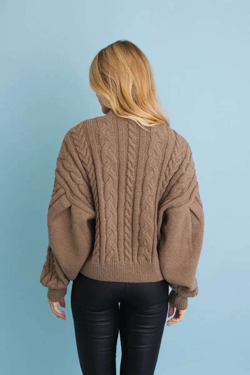 Mocha cropped cable-knit button-up cardigan, back view with chunky cable pattern