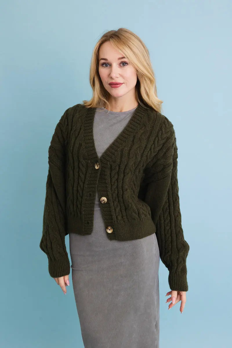 Olive chunky cable-knit cropped cardigan with front buttons and V-neck ribbing