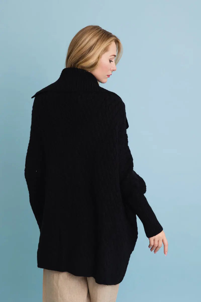 Chunky cable-knit poncho cardigan, black back view with textured knit shoulders
