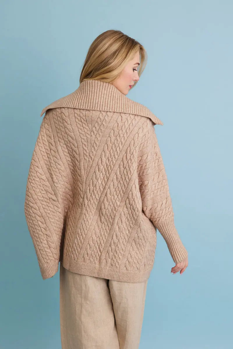 Chunky cable-knit oversized poncho cardigan, oatmeal beige, knit collar and long sleeves
