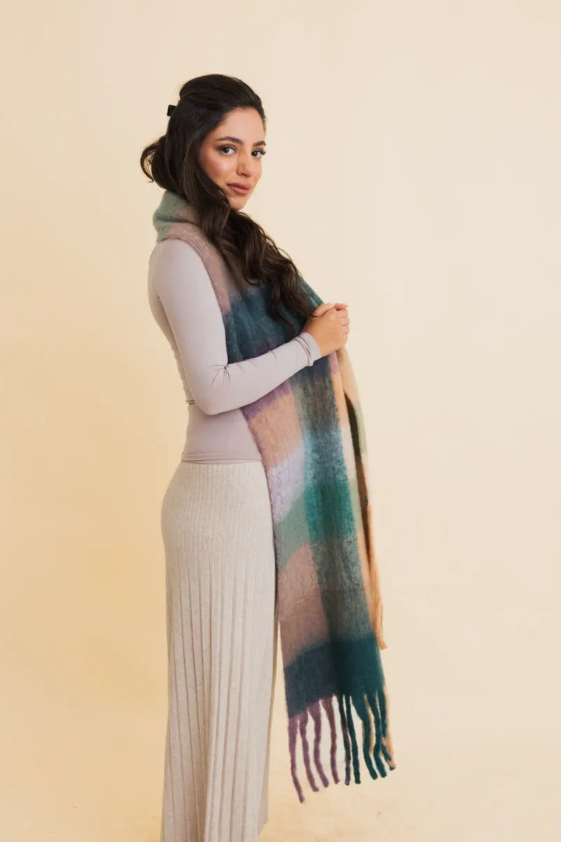 Oversized plaid scarf in teal and cream with long fringe ends