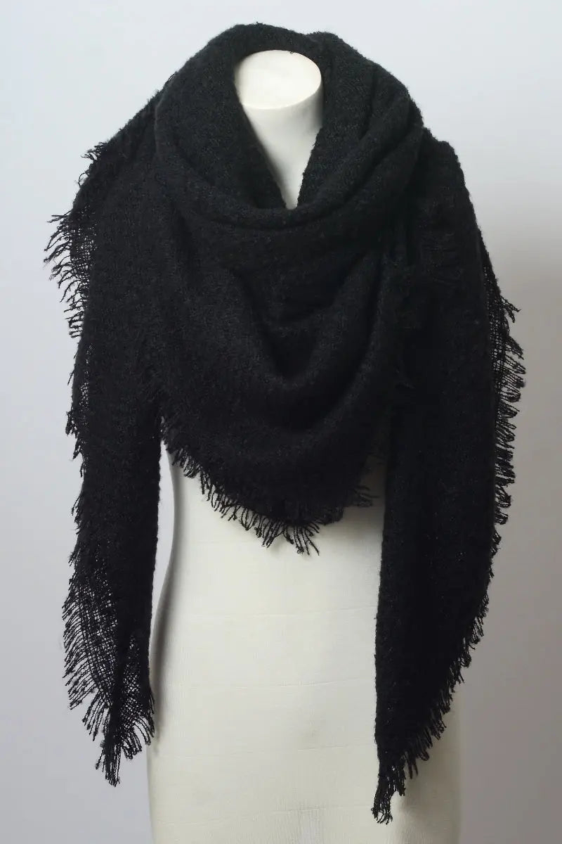 Black mohair square scarf with fringed ends and looped texture