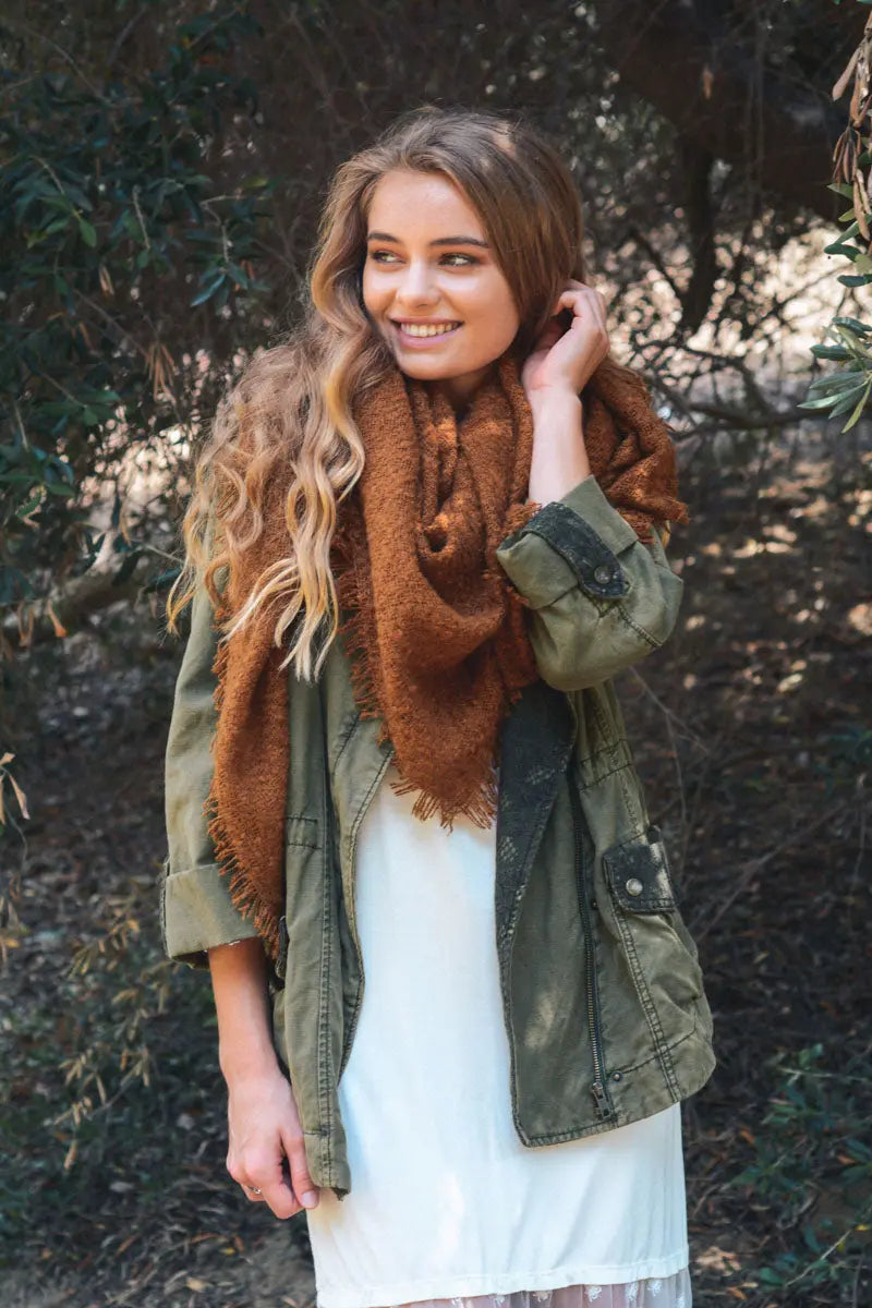 Rust-brown mohair square scarf wrap with textured weave and fringed edges