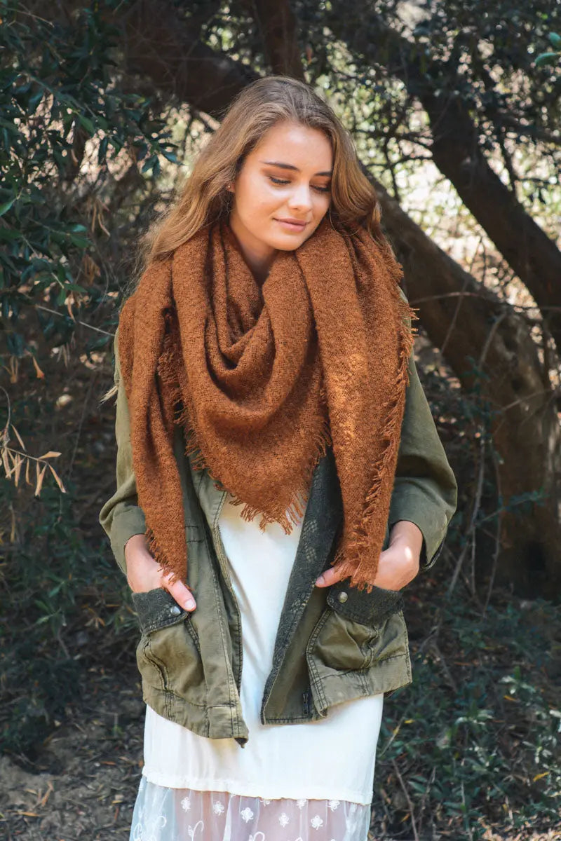 Brown mohair square scarf wrap with soft drape and fringed edges