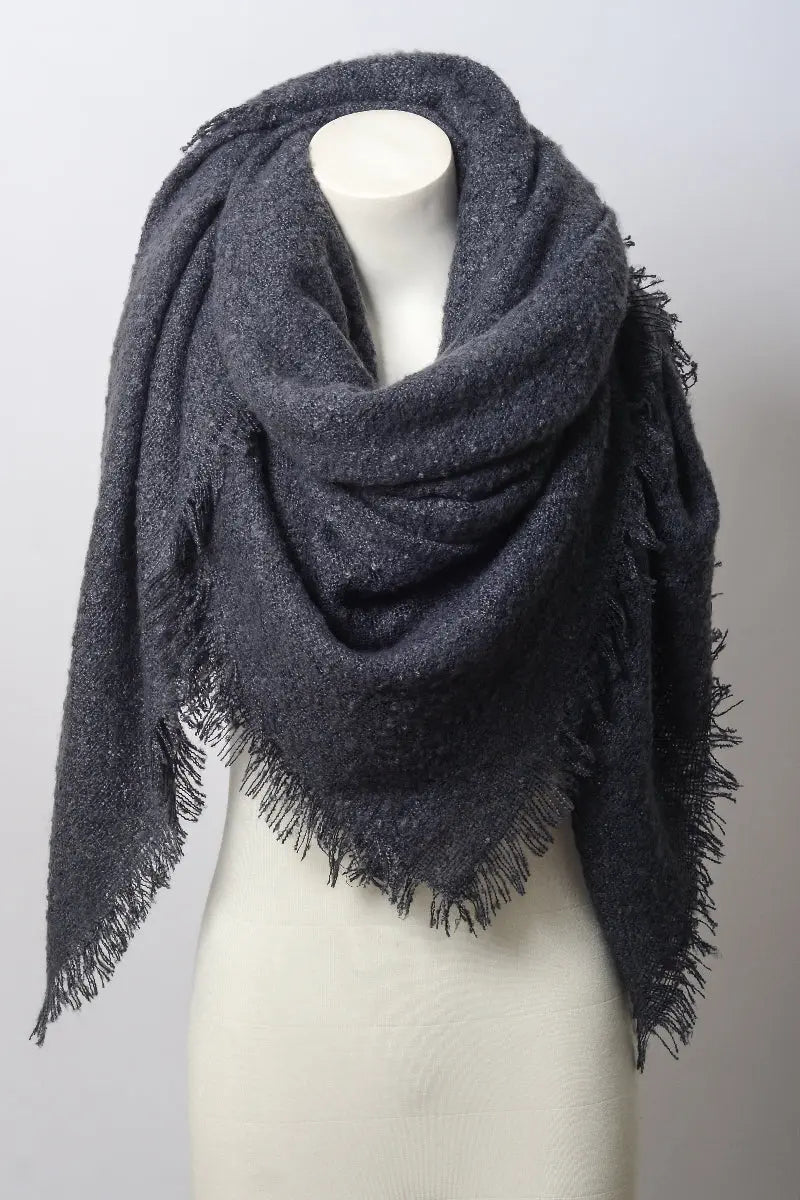 Dark gray mohair square scarf with fringed ends and plush textured finish