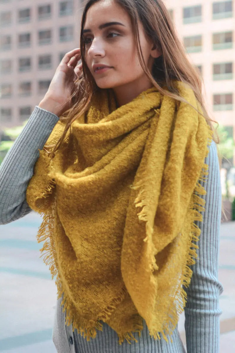Mustard yellow plush mohair square scarf with draped cowl and tassel fringe.