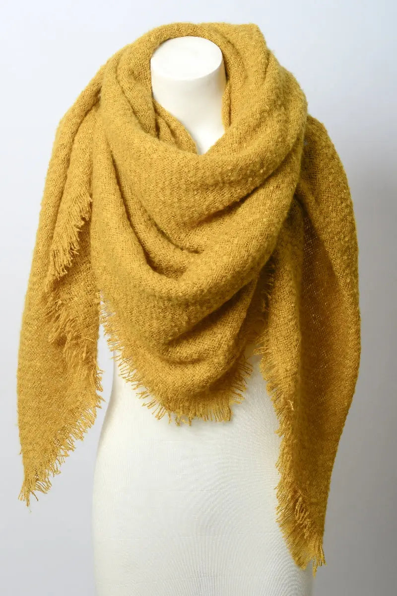 Mustard-yellow mohair square scarf with fringed ends and cozy drape
