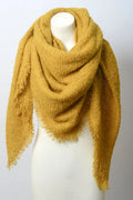 Mustard-yellow mohair square scarf with fringed ends and cozy drape
